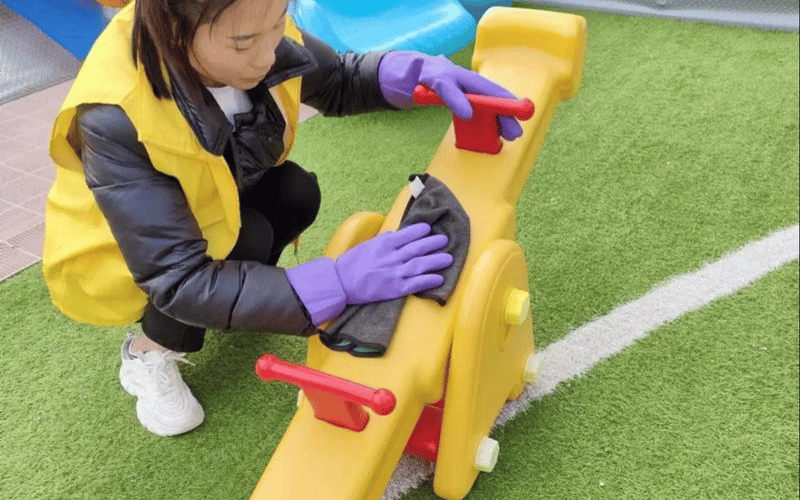 Thoroughly clean playground equipment before winter sets in.