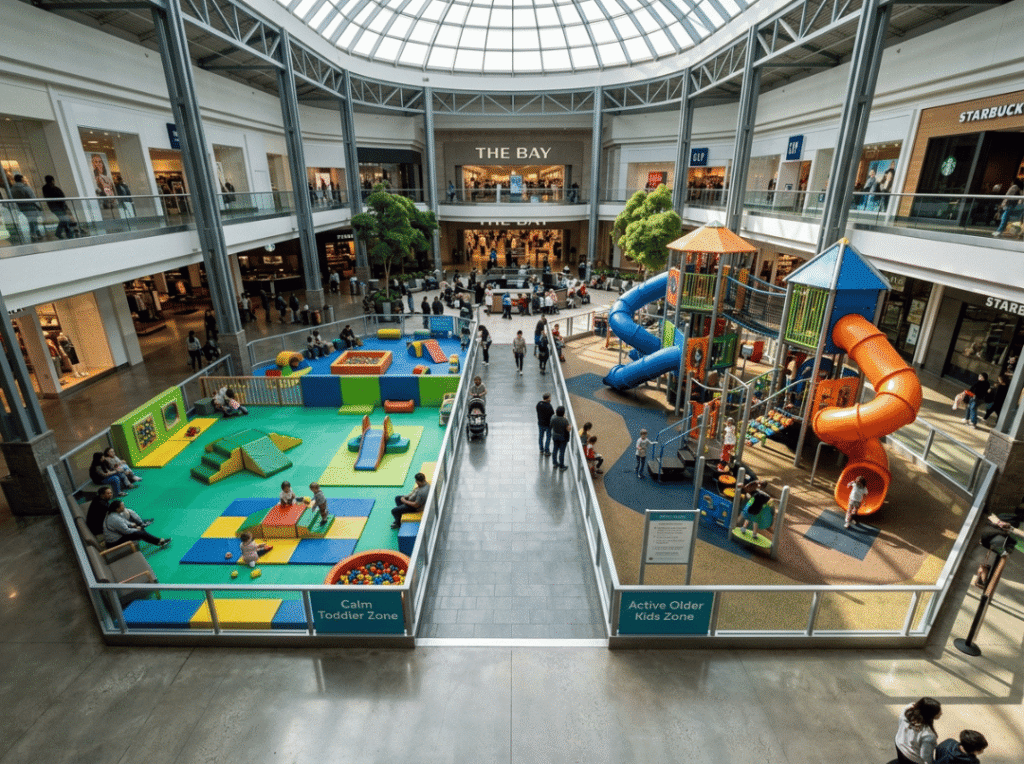 Mall play area divided into age zones Mall play area divided into age zones