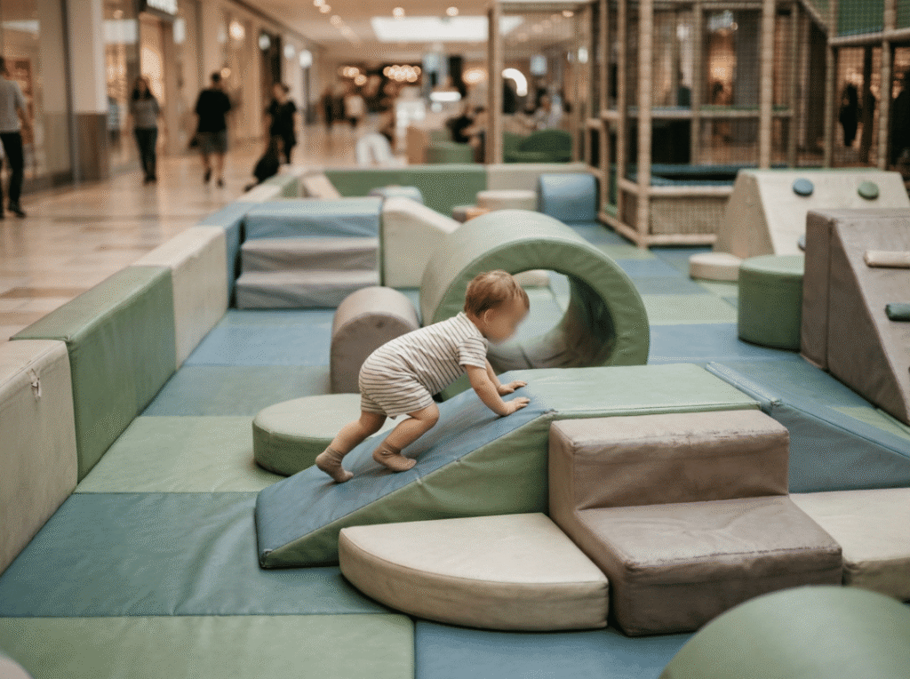 Toddler crawling in soft foam play zone Toddler crawling in soft foam play zone