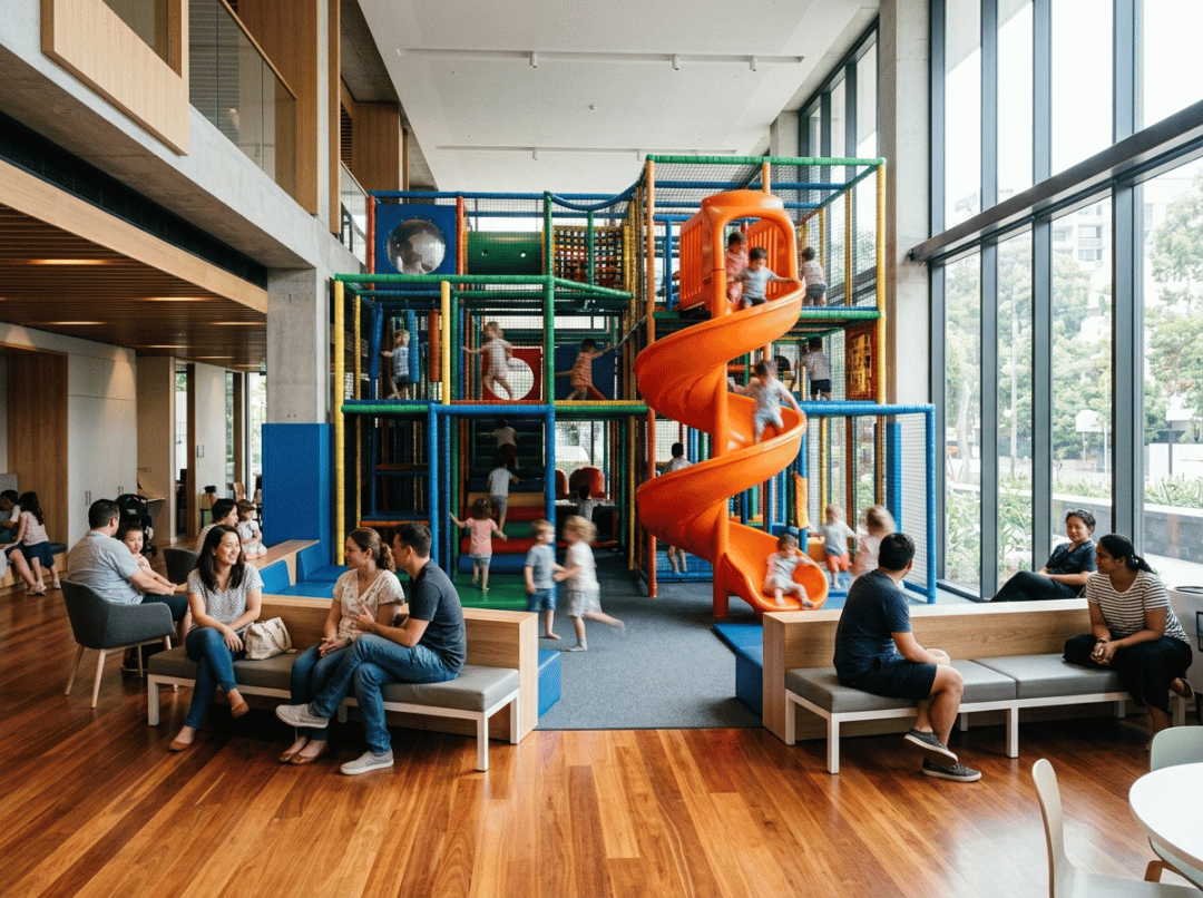 Busy modern indoor playground with children
