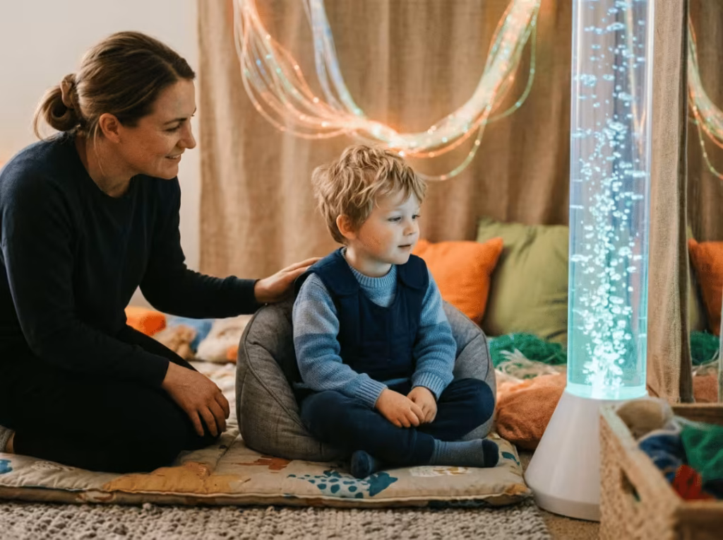 Child using a bubble tube in a calming sensory corner Child using a bubble tube in a calming sensory corner