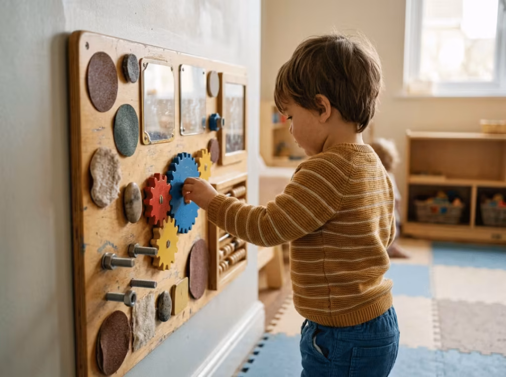 Child using a sensory play panel Child using a sensory play panel