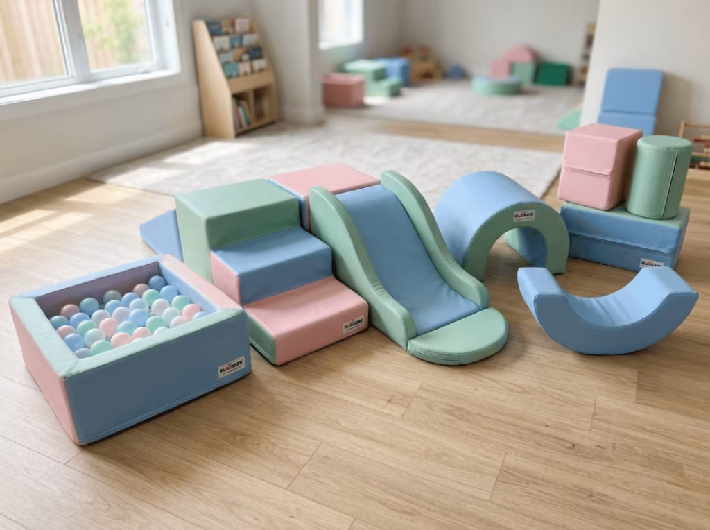 Commercial soft play equipment pieces laid out Commercial soft play equipment pieces laid out