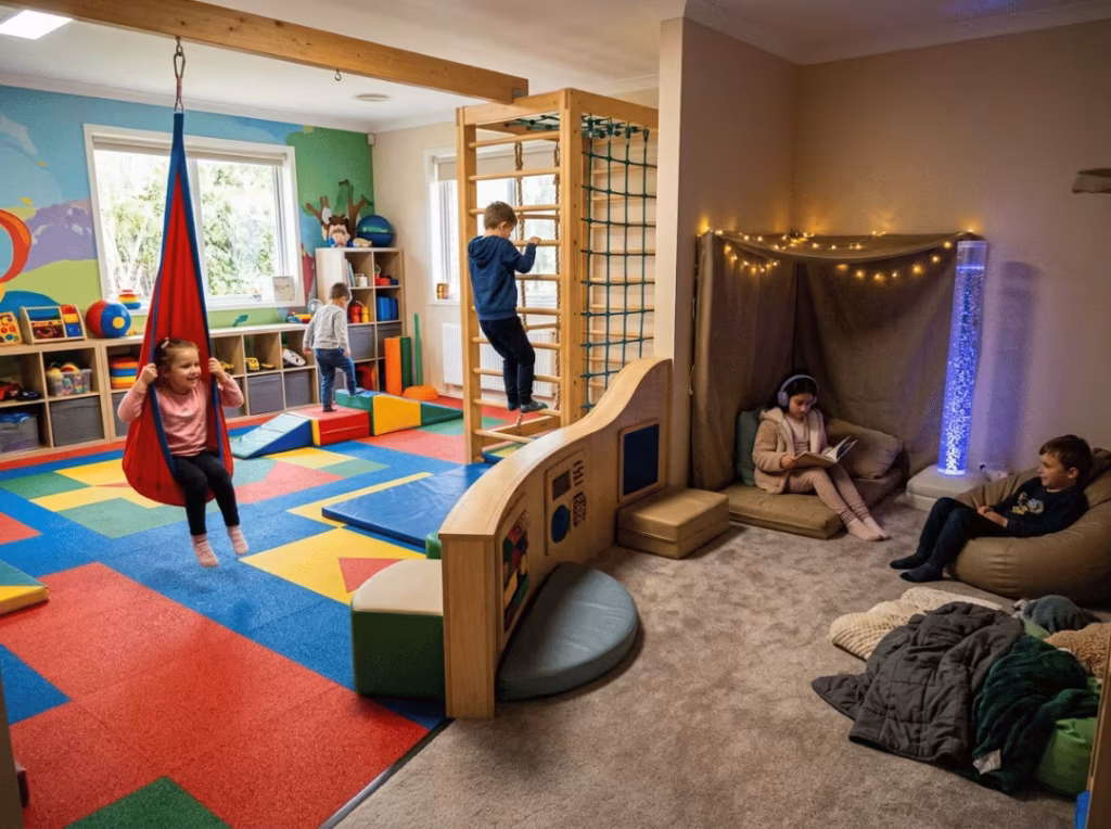 Floor transition between active and calming sensory zones Floor transition between active and calming sensory zones