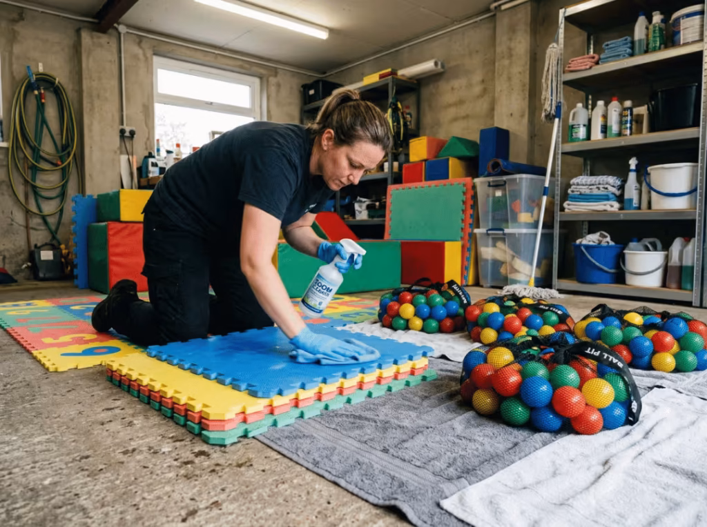 Operator cleaning soft play equipment after an event Operator cleaning soft play equipment after an event