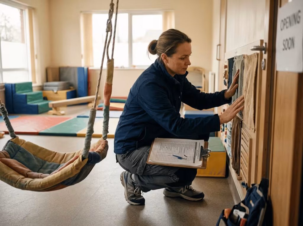 Operator inspecting sensory equipment against a checklist Operator inspecting sensory equipment against a checklist