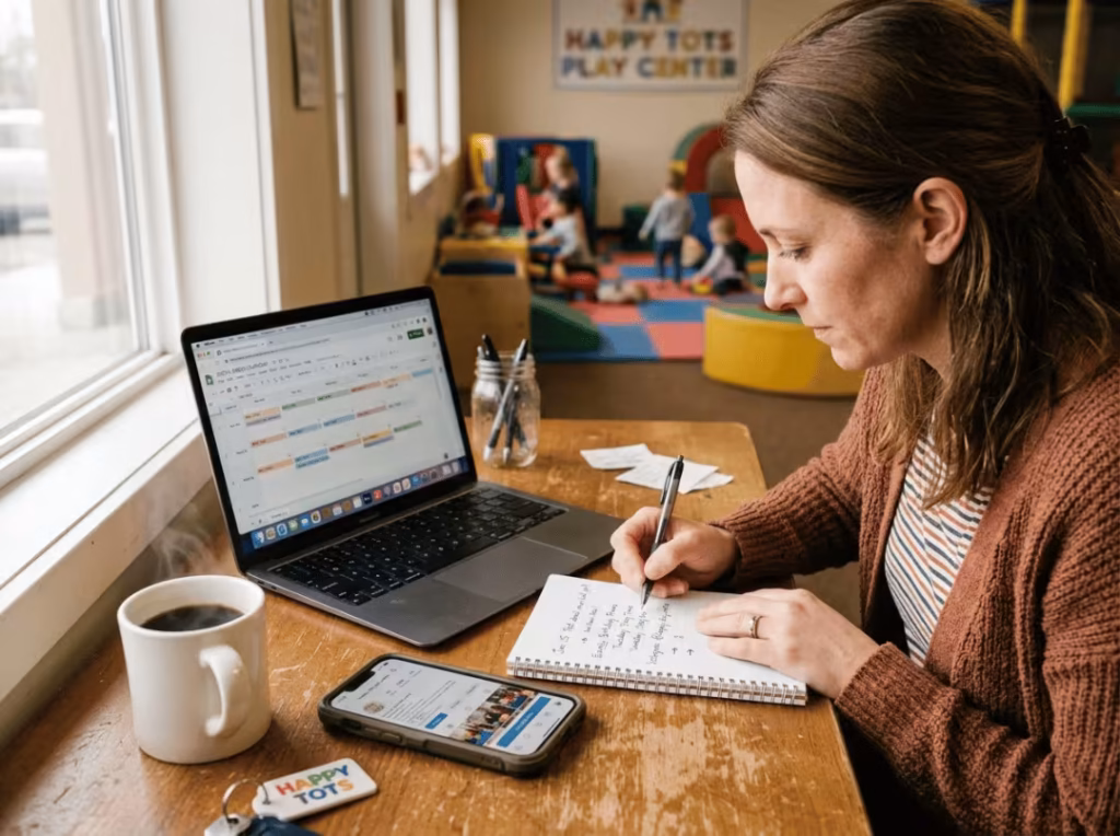 Owner planning a month of social posts Owner planning a month of social posts