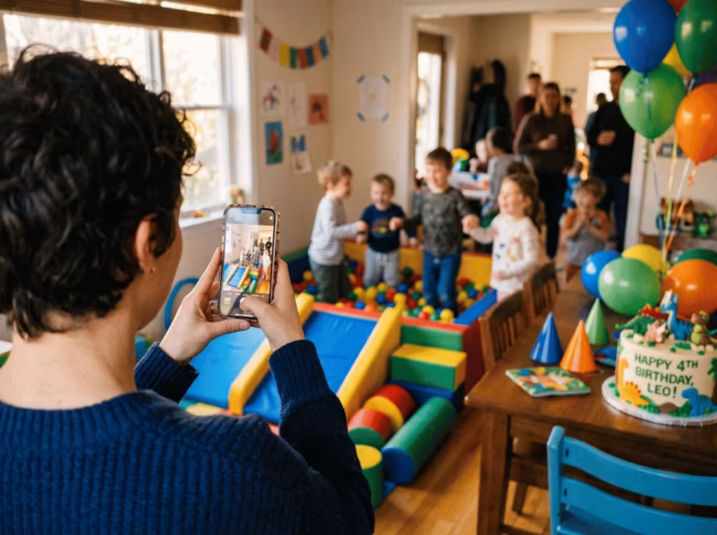 Parent photographing a soft play party setup Parent photographing a soft play party setup