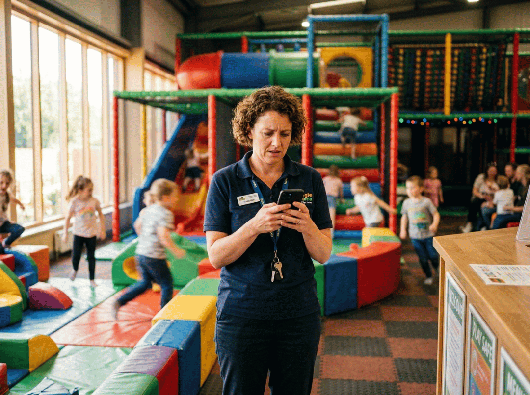 Playground owner checking phone on the floor