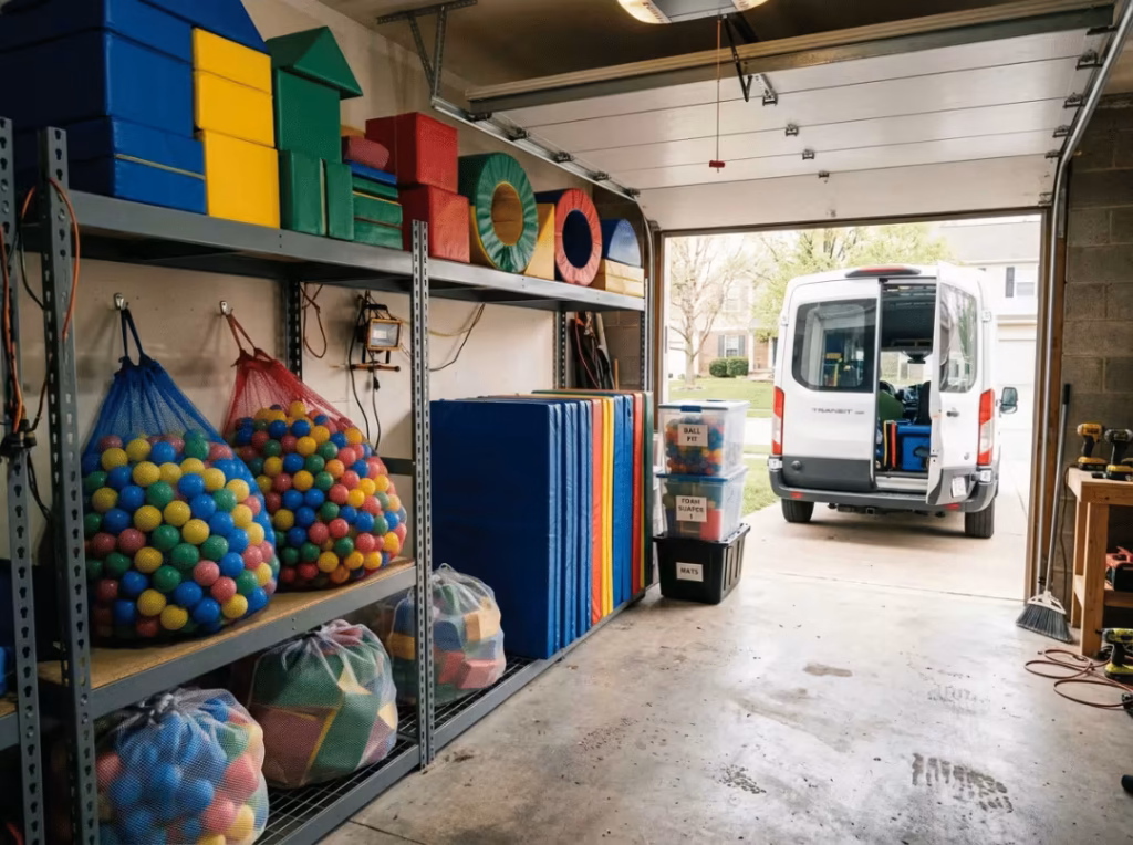 Soft play equipment stored in a garage Soft play equipment stored in a garage
