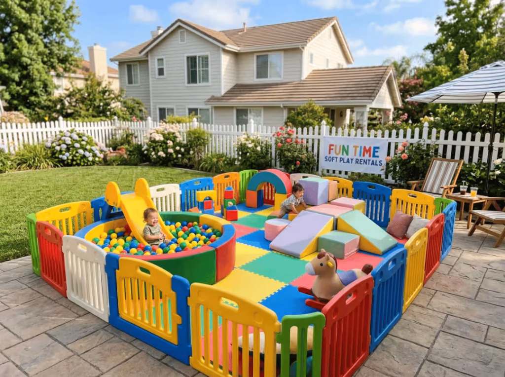 Soft play set arranged in a backyard Soft play set arranged in a backyard