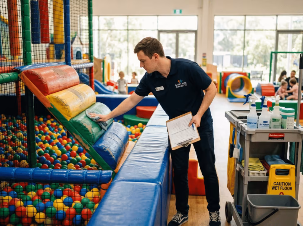 Staff cleaning soft play equipment Staff cleaning soft play equipment