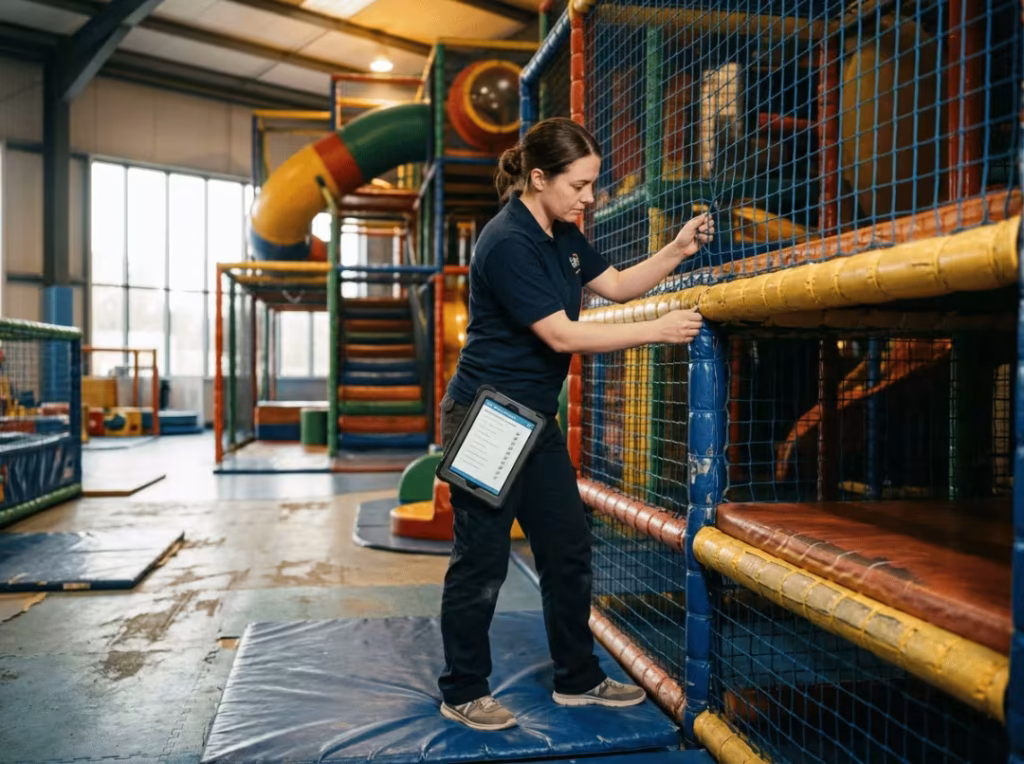 Staff inspecting indoor playground equipment Staff inspecting indoor playground equipment