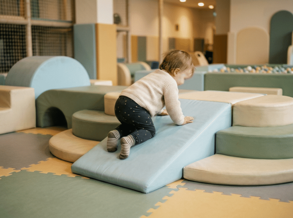 Toddler crawling in soft foam zone Toddler crawling in soft foam zone