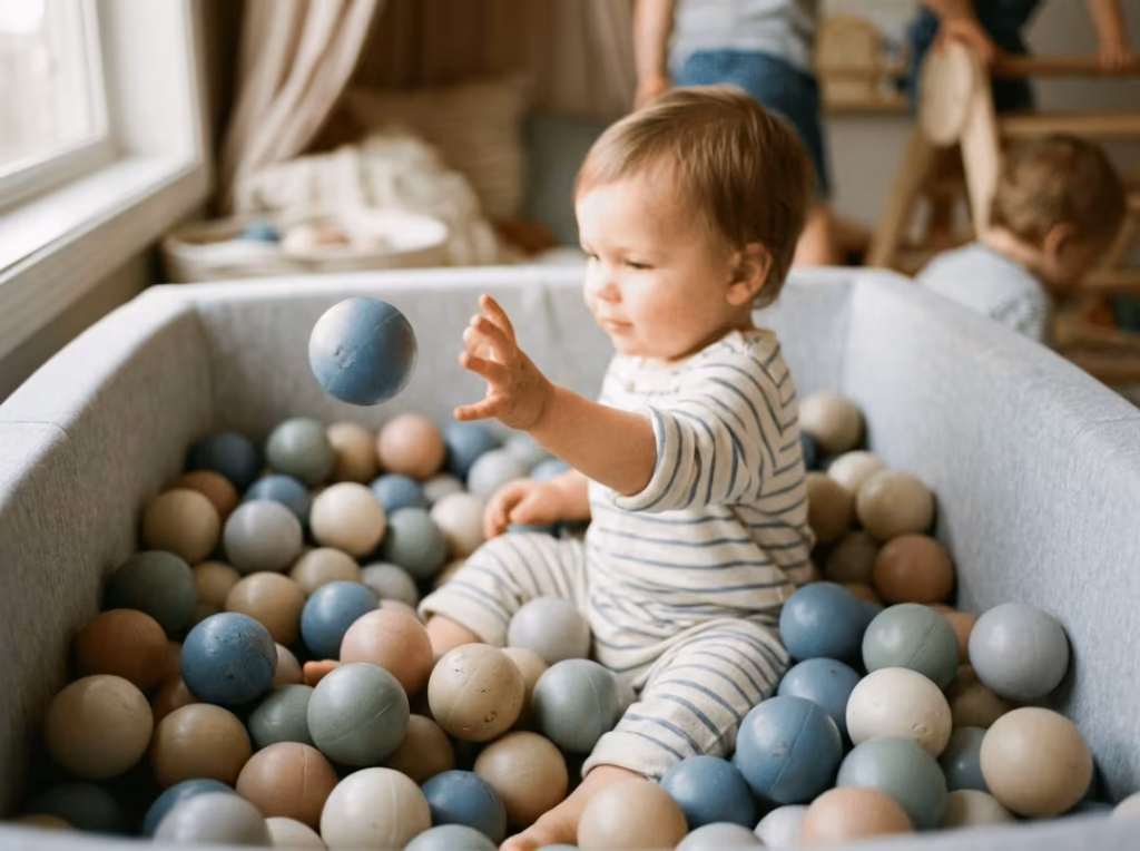Toddler playing in a ball pit Toddler playing in a ball pit