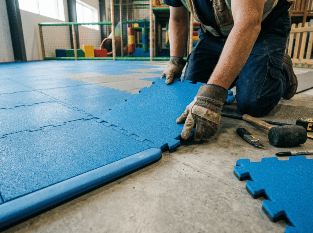Worker installing impact absorbing playground flooring Worker installing impact absorbing playground flooring