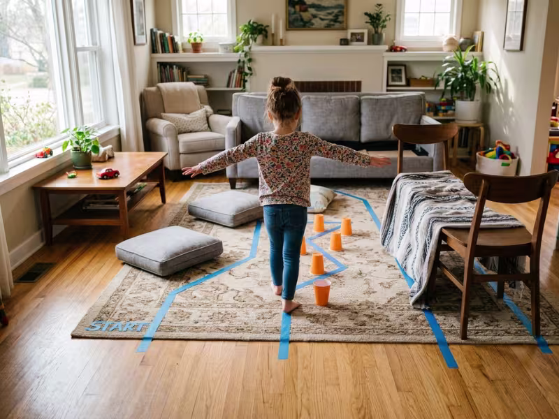 DIY living room obstacle course with cushions and tape DIY living room obstacle course with cushions and tape
