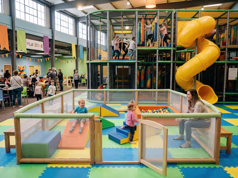 Indoor play center with a gated toddler zone Indoor play center with a gated toddler zone