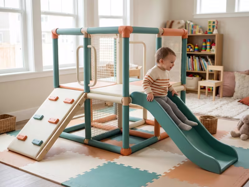 Indoor playground equipment with slide in a home playroom Indoor playground equipment with slide in a home playroom