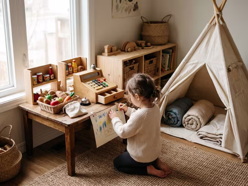 Kids pretend play corner with toy store and tent Kids pretend play corner with toy store and tent
