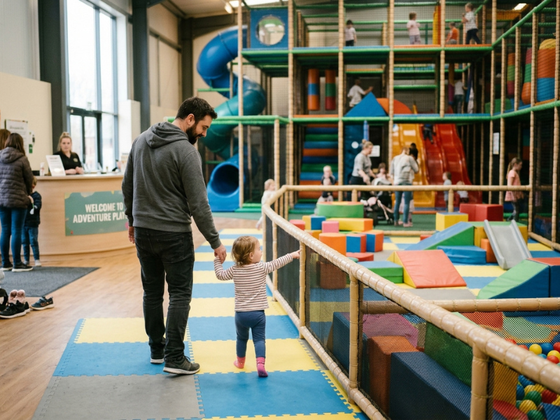 Parent and toddler touring an indoor playground Parent and toddler touring an indoor playground