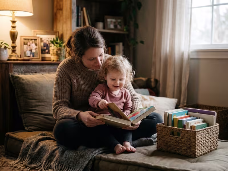 Parent reading a board book with a toddler Parent reading a board book with a toddler