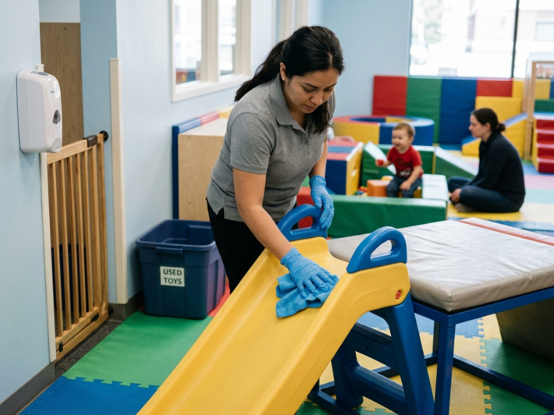 Staff wiping a toddler slide during open play Staff wiping a toddler slide during open play