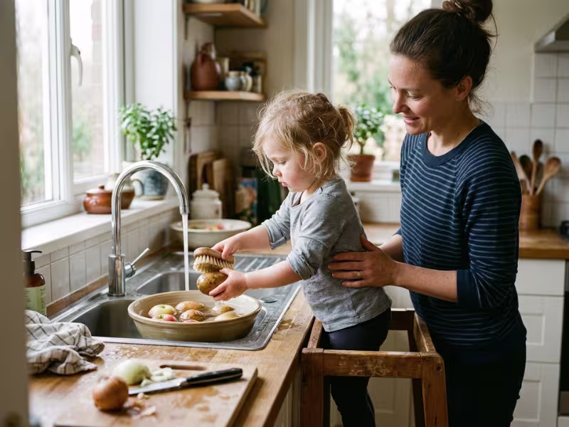 Toddler washing potatoes at the kitchen sink Toddler washing potatoes at the kitchen sink